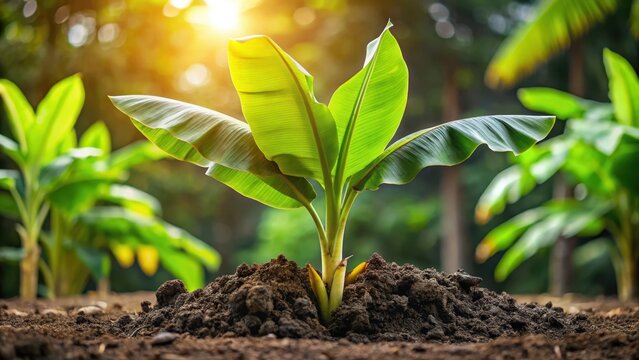 A young banana plant with large leaves growing in a pile of compost