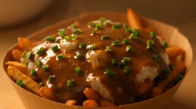 Delicious Canadian Poutine with French Fries, Gravy, Cheese Curds, and Green Onions
