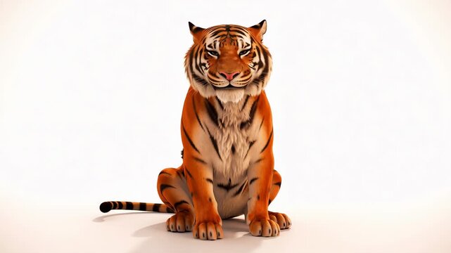 Cartoon tiger sitting serenely on white background rendered in detailed cgi character design