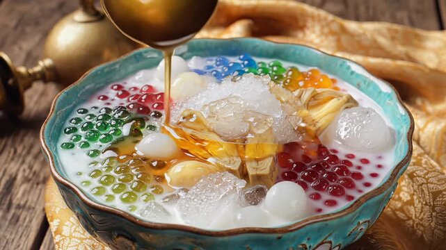 Colorful dessert in a bowl with ice and syrup culinary presentation