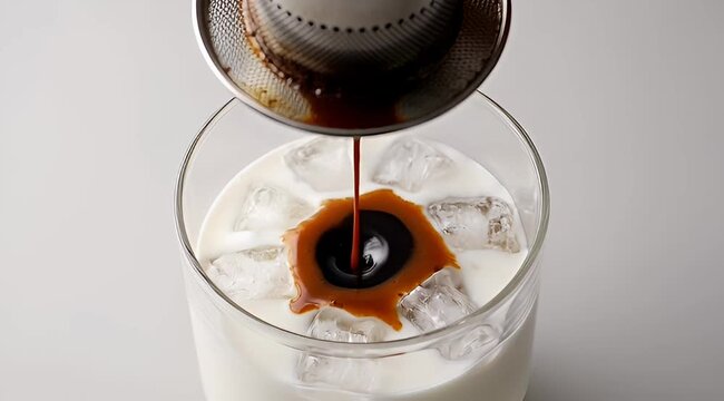 Preparation of iced coffee with milk, poured through a metal strainer