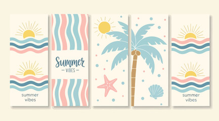 A set of four colorful summer themed illustrations with palm tree starfish and sun on a beige background © Saharia