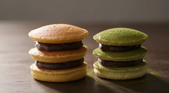 Delicious looking stack of Dorayaki pancakes, one original and one Matcha flavored