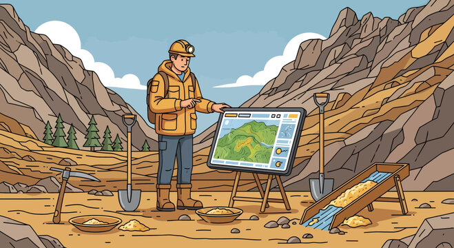 Geologist examining digital map at excavation site.