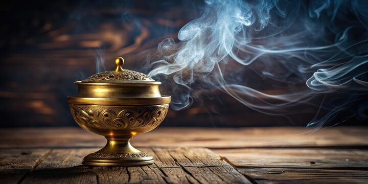 Ancient ritualistic censer made of brass with burning incense