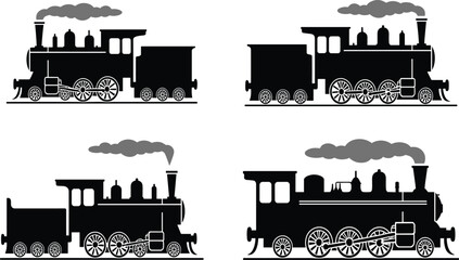 Vintage Antique Steam Locomotive Train Engine Silhouettes Collection with Smoke for Retro Transportation Graphic Design Concept © MdMajnur