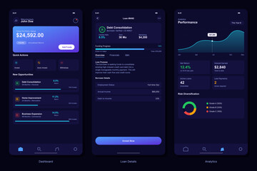 Fototapeta premium Three mobile application screens display a financial investment dashboard with dark mode UI, featuring portfolio values, loan details, and performance analytics with colorful charts.