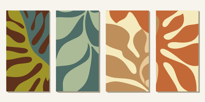 Abstract botanical art featuring four vertically oriented panels with organic shapes