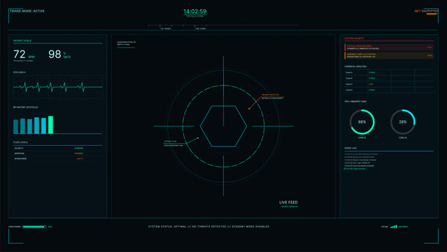 This futuristic digital interface displays medical patient vitals, system alerts, and a live feed with a hexagonal target. It includes technical data, charts, and monitoring information.
