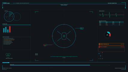 This futuristic digital head-up display interface shows a drone schematic, system diagnostics, signal analysis, and real-time event logs on a dark technical background.