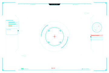 A futuristic digital head-up display interface featuring a central crosshair, targeting rings, system status bars, and radar indicators on a clean white background for a sci-fi look. © Антон Сальников