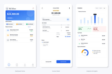 A set of three mobile application screens displaying a financial dashboard with invoice management, detailed billing information, and business analytics charts for tracking revenue.