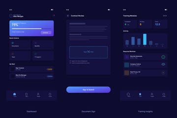 Three mobile app screens display an employee onboarding dashboard, a contract signing interface, and training module insights in a modern dark mode user interface design.