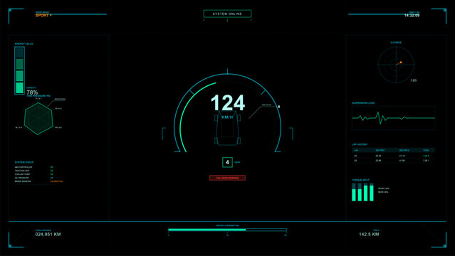 A futuristic digital car dashboard display featuring a speedometer at 124 KM/H, energy cell levels, system diagnostics, and performance metrics on a dark background.