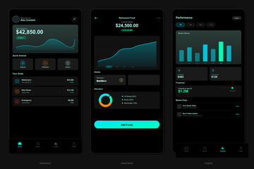 A set of three mobile user interface screens for a financial investment app featuring a dark mode design with balance charts, asset allocation, and performance insights.