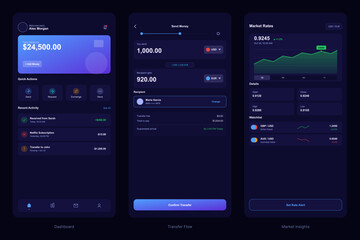 Fototapeta premium Three mobile app interface screens displaying a personal finance dashboard, a currency transfer flow, and market rate analytics with charts and currency pairs in a dark theme layout.