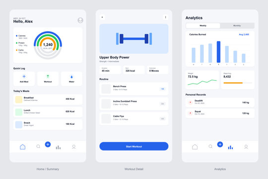 Three mobile app interface screens displaying a fitness tracker with calorie counting, exercise routines, and health analytics charts in a clean modern design.