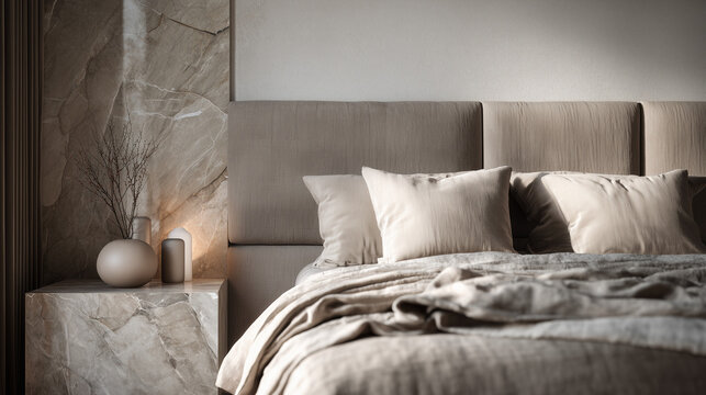 luxury hotel style bedroom interior upholstered headboard in neutral beige tones, premium master bedroom design with soft morning sunlight on pillows, elegant domestic sanctuary 