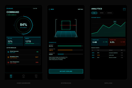 Three mobile phone screens displaying a futuristic sci-fi user interface with a dark theme, featuring system diagnostics, network analytics, and a command dashboard with neon accents.
