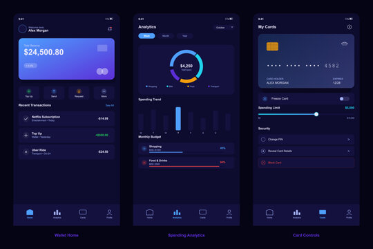 Three mobile application screens showing a digital wallet interface with balance information, spending analytics charts, and credit card management controls in a dark mode theme.