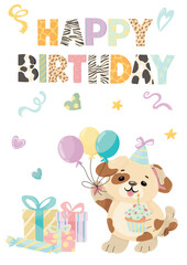 Happy Puppy Dog Birthday Cards with Cake and Balloons