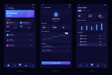 Three mobile application screens showing a sports management dashboard, player details with statistics, and league analytics in a modern dark mode user interface design.