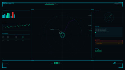 A futuristic digital interface displays real-time orbital tether data, including a central radar map, system logs, payload manifest, and various telemetry graphs on a dark background.