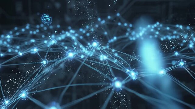 Digital neural network with glowing points of light connected by threads of data stream