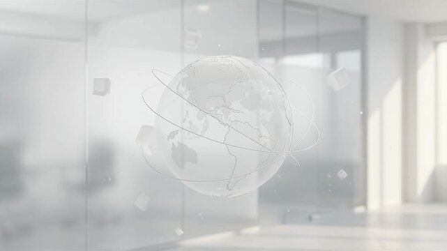 Clean white abstract, a stylized globe, floating geometric particles, bright and minimalist aesthetic