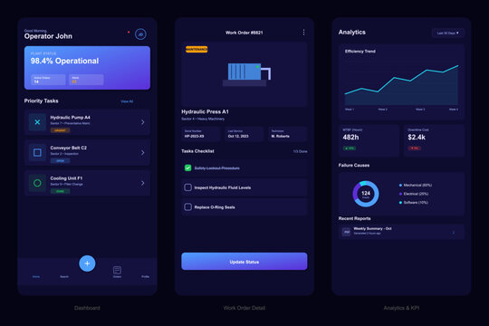 A set of three mobile application screens displaying an industrial dashboard with plant status, work order details for machinery maintenance, and data analytics for operational efficiency.