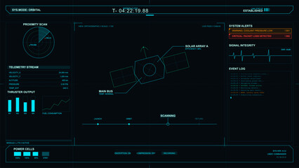 A futuristic digital interface displays satellite telemetry, mission clock, and system alerts. The technical dashboard features a proximity scan, signal integrity, and power cell status.