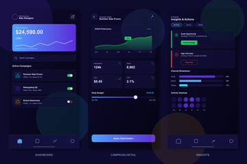 Naklejka premium Three mobile application screens displaying a marketing analytics dashboard with dark mode design, featuring data visualizations, campaign performance metrics, and financial insights.