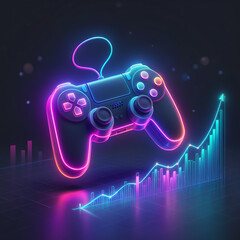 Industry growth in gaming represented by controller and rising graph line for market trends and future potential