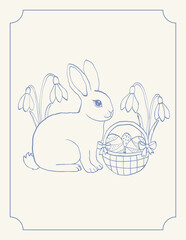 Easter card Whimsical bunny with basket of eggs