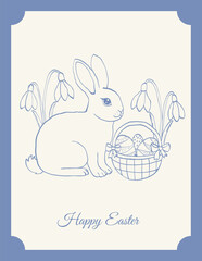 Easter bunny with basket of eggs and spring flowers greeting card