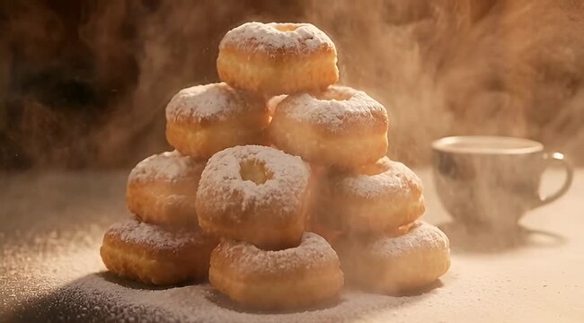 Delicious stack of fresh donuts covered in powdered sugar with a warm drink