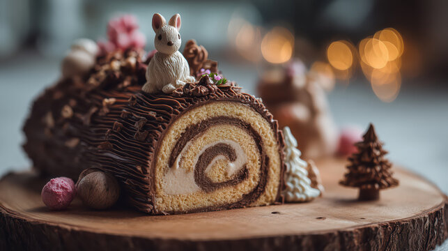 Cute christmas yule log cake dessert, chocolate roll, festive holiday pastry, sweet food, cozy mood photography