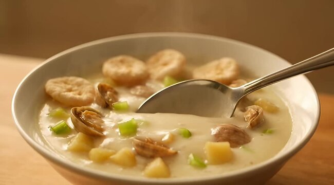 close up bowl of creamy clam chowder with crackers and a spoon