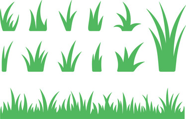 Fototapeta premium Various Green Grass Tufts and Lawn Silhouettes Collection for Nature Landscape and Environment Garden Design Concept