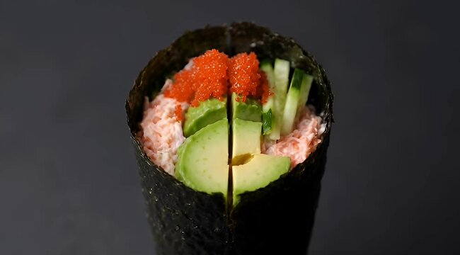 Delicious Temaki Sushi Hand Roll with Imitation Crab, Avocado and Roe