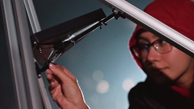 Stargazer finetuning telescope mount at night, closeup hand adjusting eyepiece screw with red hoodie and glasses in frame, soft bokeh star points in background, amateur astrophotography setup