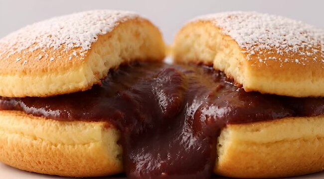 Delicious donut sandwich filled with a generous amount of sweet red bean paste