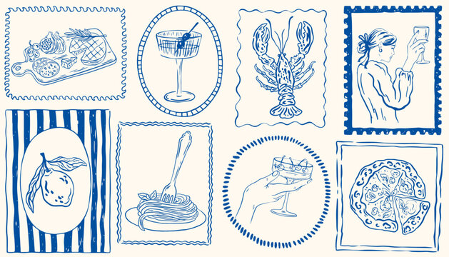 Hand drawn Italian holiday post stamps. Mediterranean summer illustrations with lemons, cocktails, pizza, pasta, lobster. La Dolce vita. Amalfi or Sicily vector illustration for poster, placard, print
