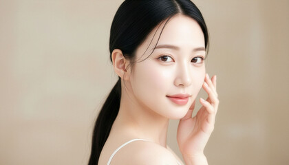やわらかな微笑みと透明感あふれる素肌が印象的な若い日本人女性のビューティーポートレート、上品なベージュ背景のコピースペースでスキンケア・コスメ広告に使える上質な美容バナー素材
