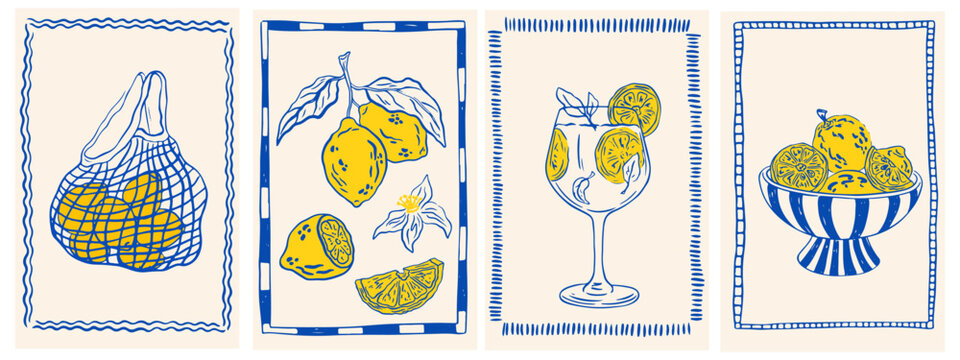 Hand drawn summer card with lemon. Vintage Italian summer posters with lemon fruits, branches with leaves, fruit bowl, and basket. Mediterranean summer illustrations for poster, invitation, placard