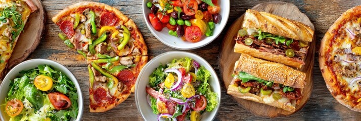 Assorted Pizza Slices Salads And Sandwiches On A Wooden Tabletop For Restaurant Menus And Food Photography Projects Featuring Italian Cuisine And Fresh Ingredients