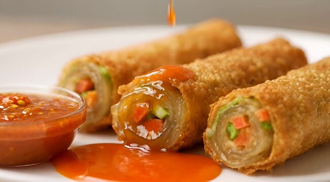 Golden fried spring rolls plated with tangy sweet chili dipping sauce