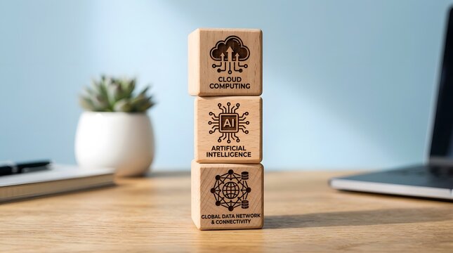 A stack of wooden blocks with cloud computing, artificial intelligence, and digital data network security concepts on a modern desk