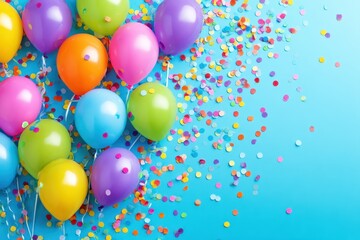 Fototapeta premium Celebration And Festive Mood Colorful Balloons And Confetti On Blue Background For Birthday Party Or Special Events