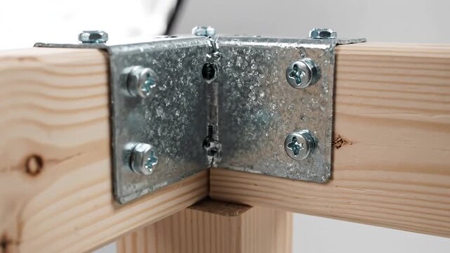 Closeup shot of a metal corner brace securely fastening two wooden beams together at a right angle demonstrating construction and DIY assembly.